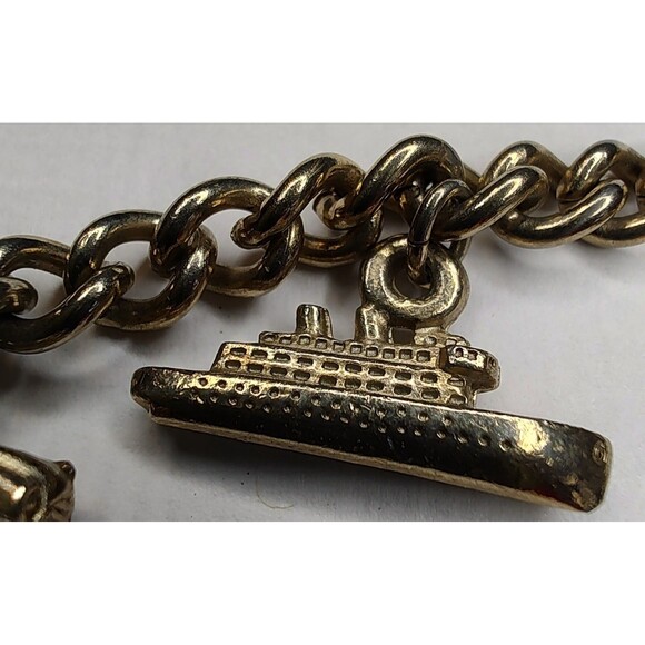 Vintage Gold Tone Charm Bracelet Airplane Cruise Ship Train Engine Florida Cross - Picture 5 of 13